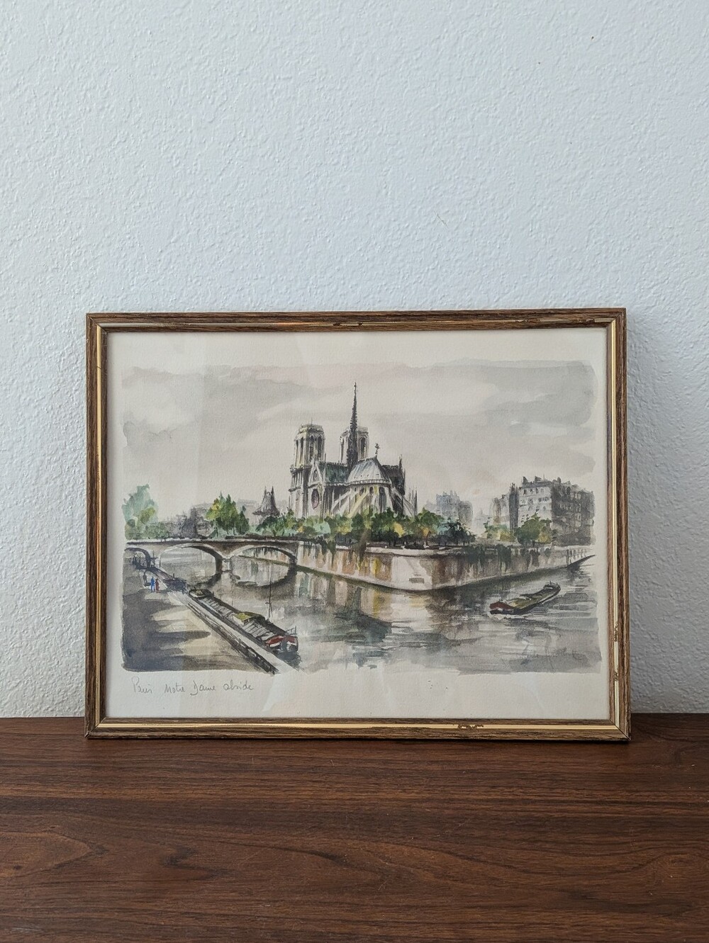 Vintage Original Watercolor Painting Titled Paris Notre Dame Framed 11x14